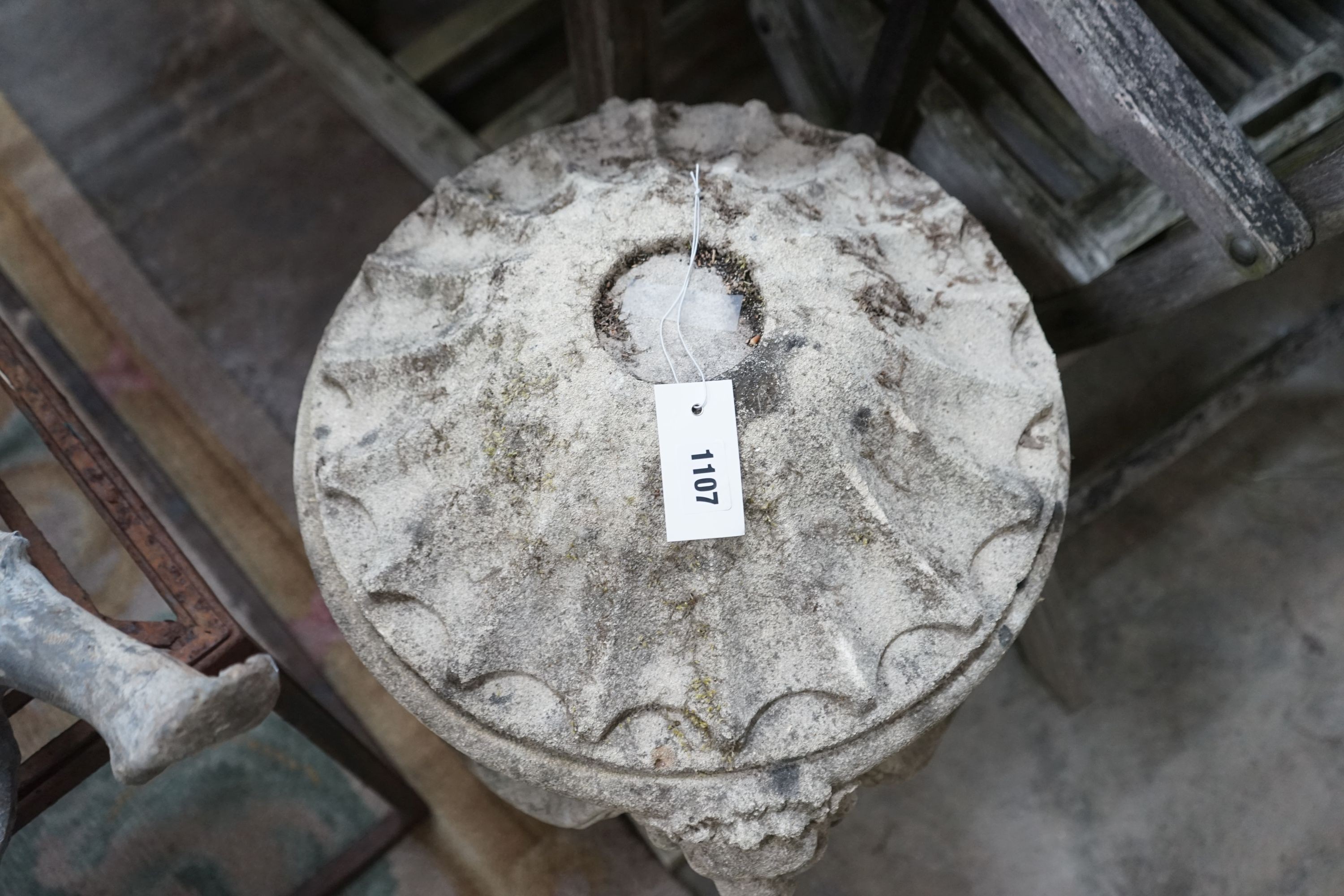 An Adam design reconstituted stone garden lidded urn with lion mask body, diameter 40cm, height 60cm